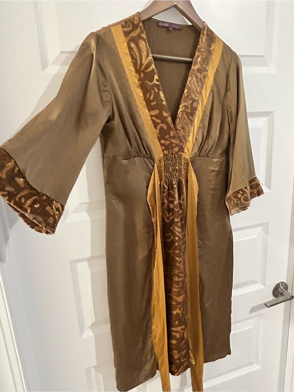 Hale Bob Kimono Style Dress Brown with Velvet Metallic Gold Trim Size S
